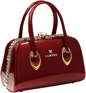 Rhinestone Buckle Shoulder Bag For Women's Leather Clip Shaped Top Handle Satchel Handbags Purses Hard Tote Bags