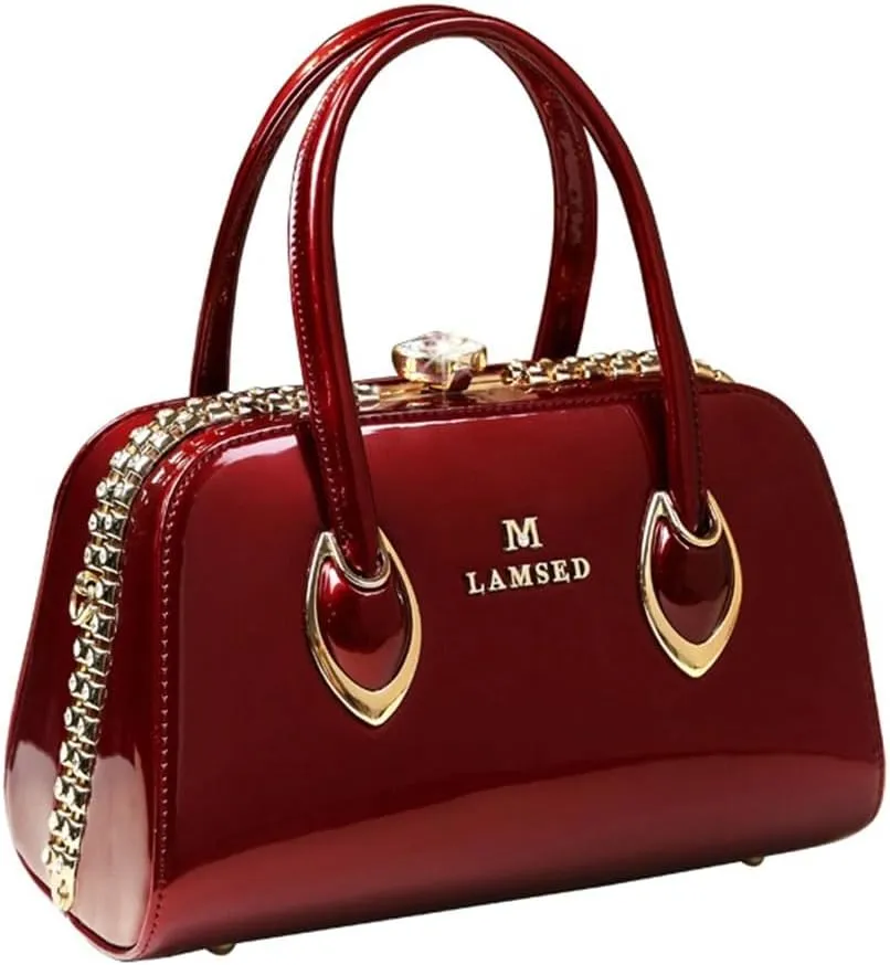 Rhinestone Buckle Shoulder Bag For Women's Leather Clip Shaped Top Handle Satchel Handbags Purses Hard Tote Bags
