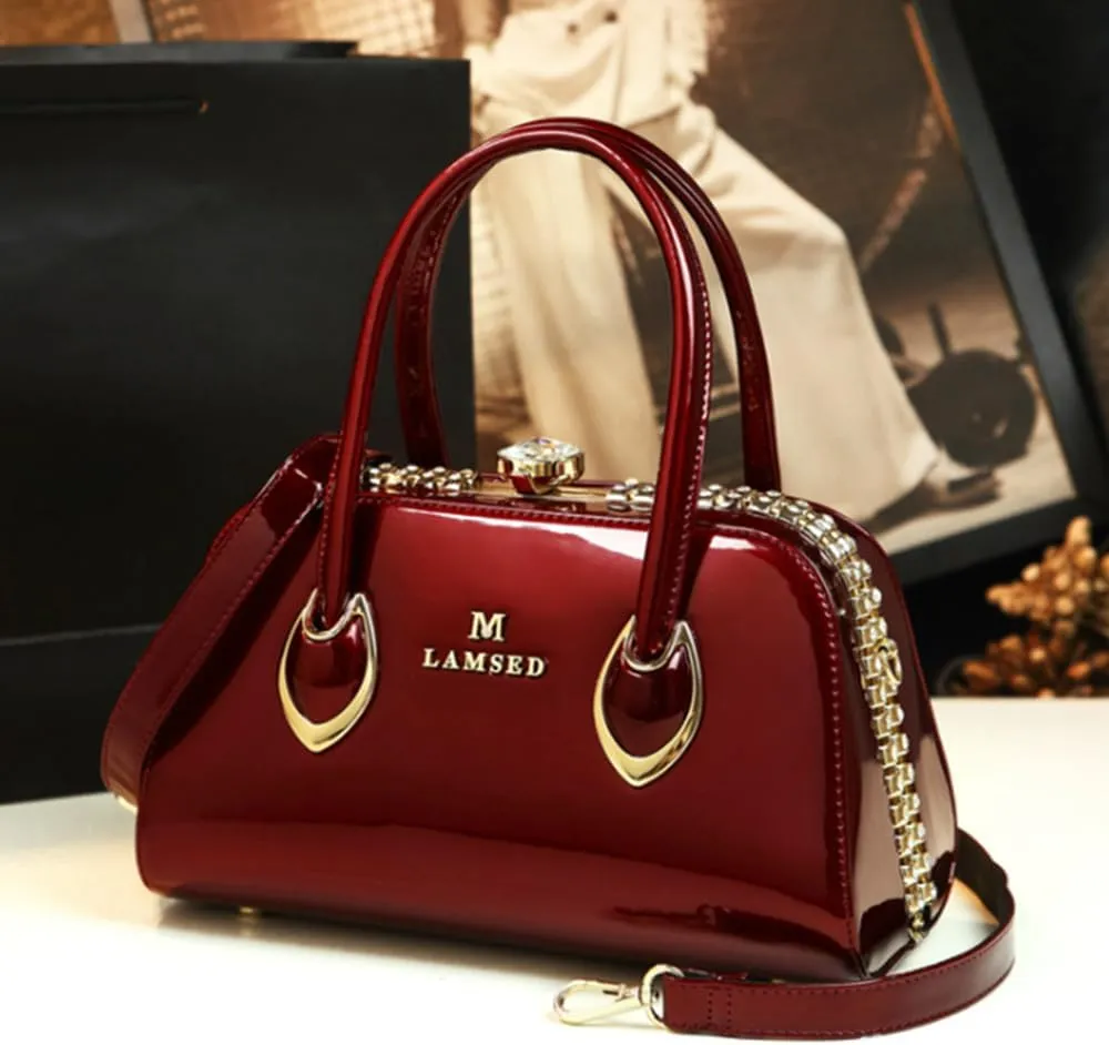 Rhinestone Buckle Shoulder Bag For Women's Leather Clip Shaped Top Handle Satchel Handbags Purses Hard Tote Bags