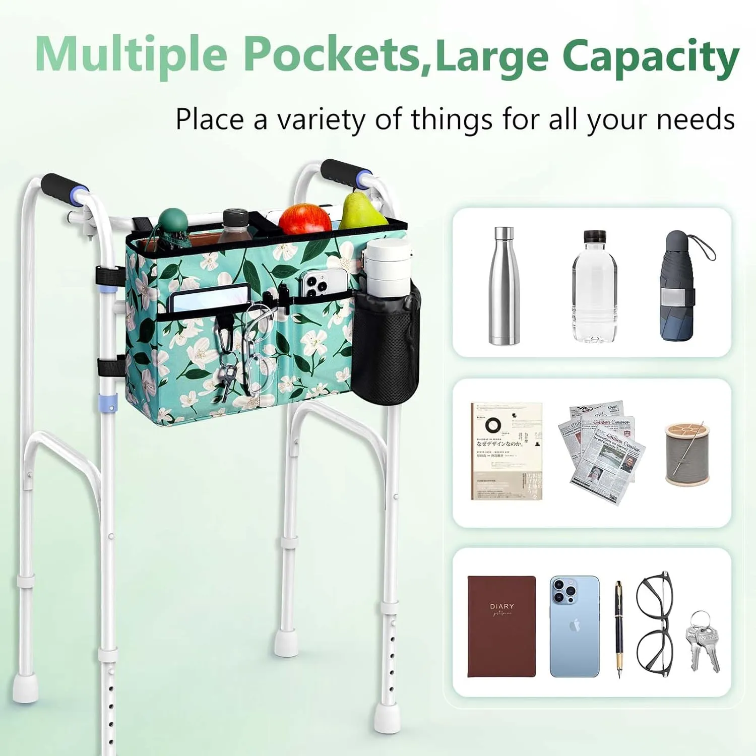 Rhino Valley Walker Bag, Multi Pockets Folding Walker Basket Tote Bag with Cup Holder, Hand-free Carry Pouch Storage Bag for Universal Walkers, Large Capacity Organizer for Seniors Elderly, Flower