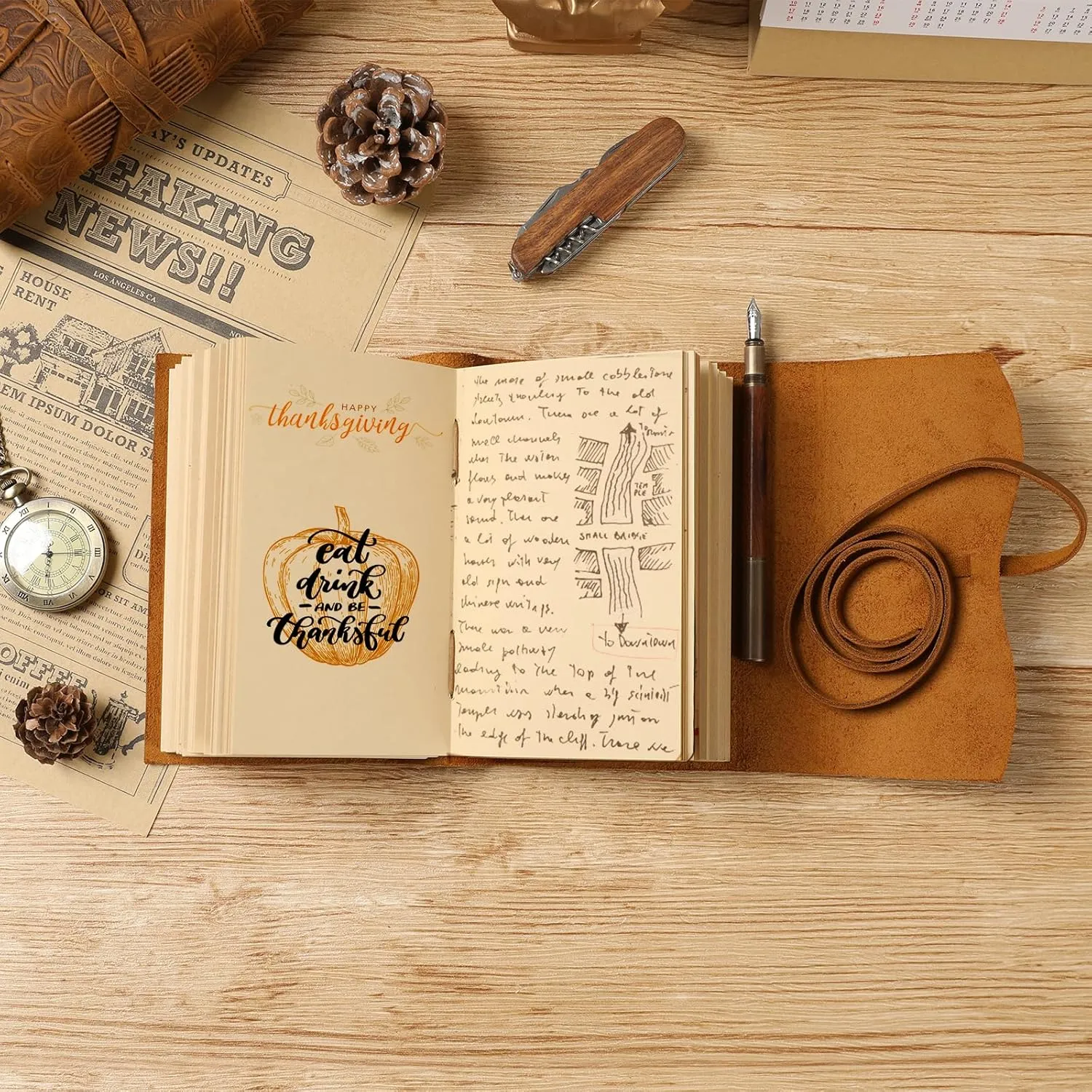 Ringsun Leather Journal Writing Notebook for Women Men Unlined Paper 400 Kraft Pages, 7 X 5 inches, Vintage Journal Leather Bound Daily Notepad, Brown,Carving