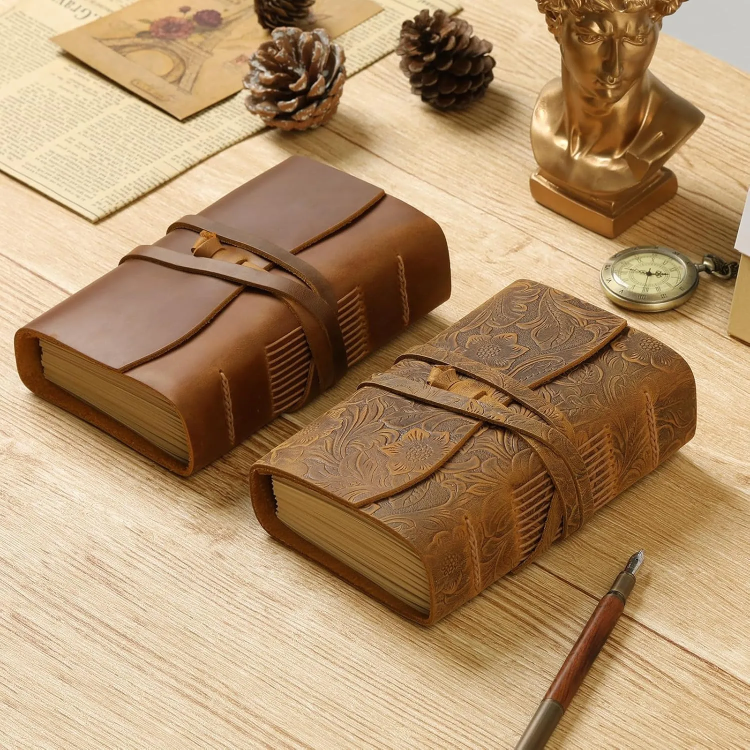 Ringsun Leather Journal Writing Notebook for Women Men Unlined Paper 400 Kraft Pages, 7 X 5 inches, Vintage Journal Leather Bound Daily Notepad, Brown,Carving
