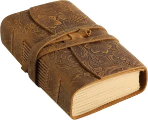 Ringsun Leather Journal Writing Notebook for Women Men Unlined Paper 400 Kraft Pages, 7 X 5 inches, Vintage Journal Leather Bound Daily Notepad, Brown,Carving