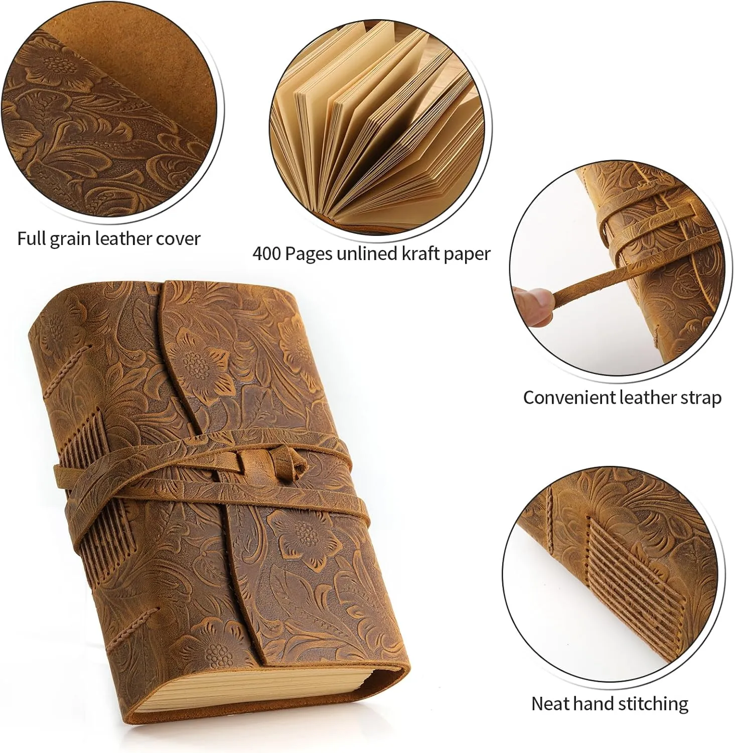 Ringsun Leather Journal Writing Notebook for Women Men Unlined Paper 400 Kraft Pages, 7 X 5 inches, Vintage Journal Leather Bound Daily Notepad, Brown,Carving