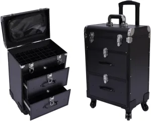 Rolling Makeup Trolley Case with 4 Universal Wheels, Large Cosmetic Trolley with Locks, Make up Bag with dividers, Cosmetics Storage Organizer for On The Go Makeup / Nail Art / Hair Styling (Black)