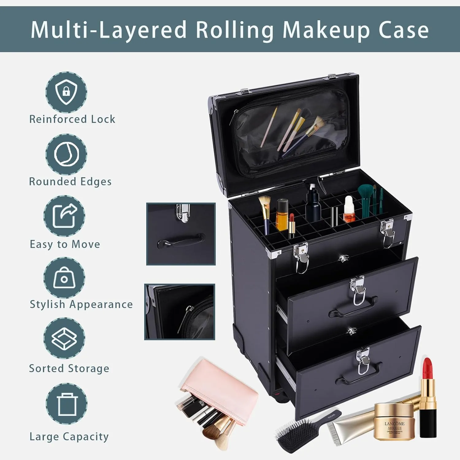 Rolling Makeup Trolley Case with 4 Universal Wheels, Large Cosmetic Trolley with Locks, Make up Bag with dividers, Cosmetics Storage Organizer for On The Go Makeup / Nail Art / Hair Styling (Black)