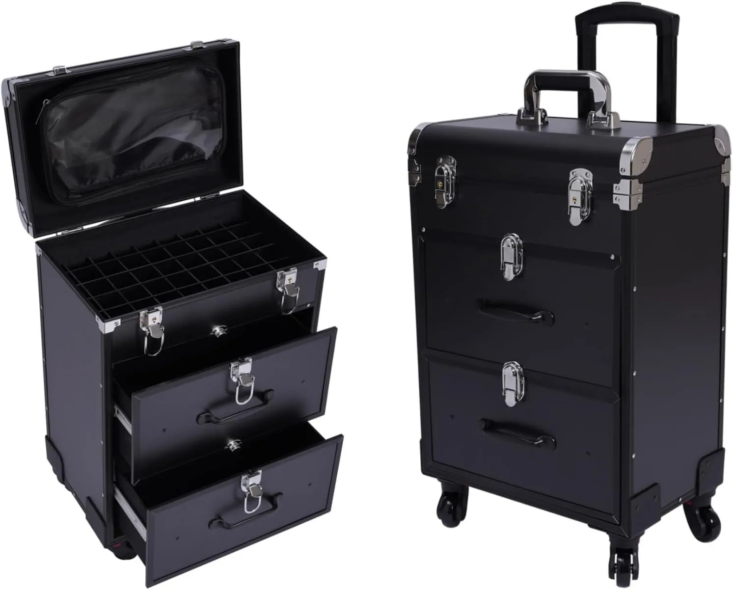 Rolling Makeup Trolley Case with 4 Universal Wheels, Large Cosmetic Trolley with Locks, Make up Bag with dividers, Cosmetics Storage Organizer for On The Go Makeup / Nail Art / Hair Styling (Black)