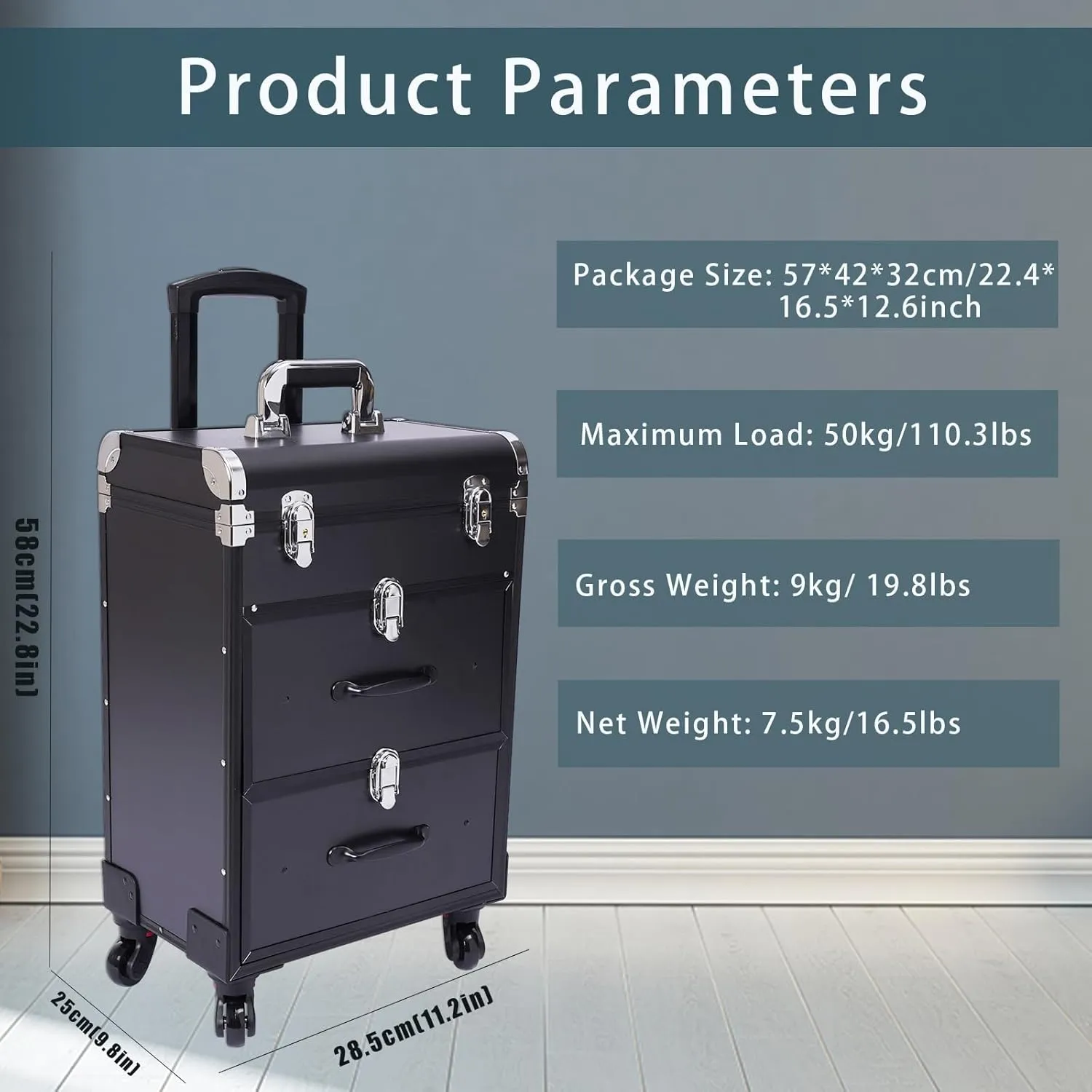 Rolling Makeup Trolley Case with 4 Universal Wheels, Large Cosmetic Trolley with Locks, Make up Bag with dividers, Cosmetics Storage Organizer for On The Go Makeup / Nail Art / Hair Styling (Black)