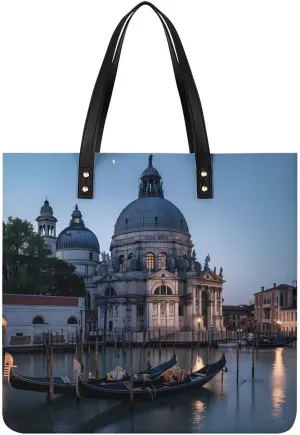 Roman Catholic Santa Maria Salute Venice Italy Leather Tote Bag for Women Men Shoulder Bag Casual Handbag Work Bag 39x39cm
