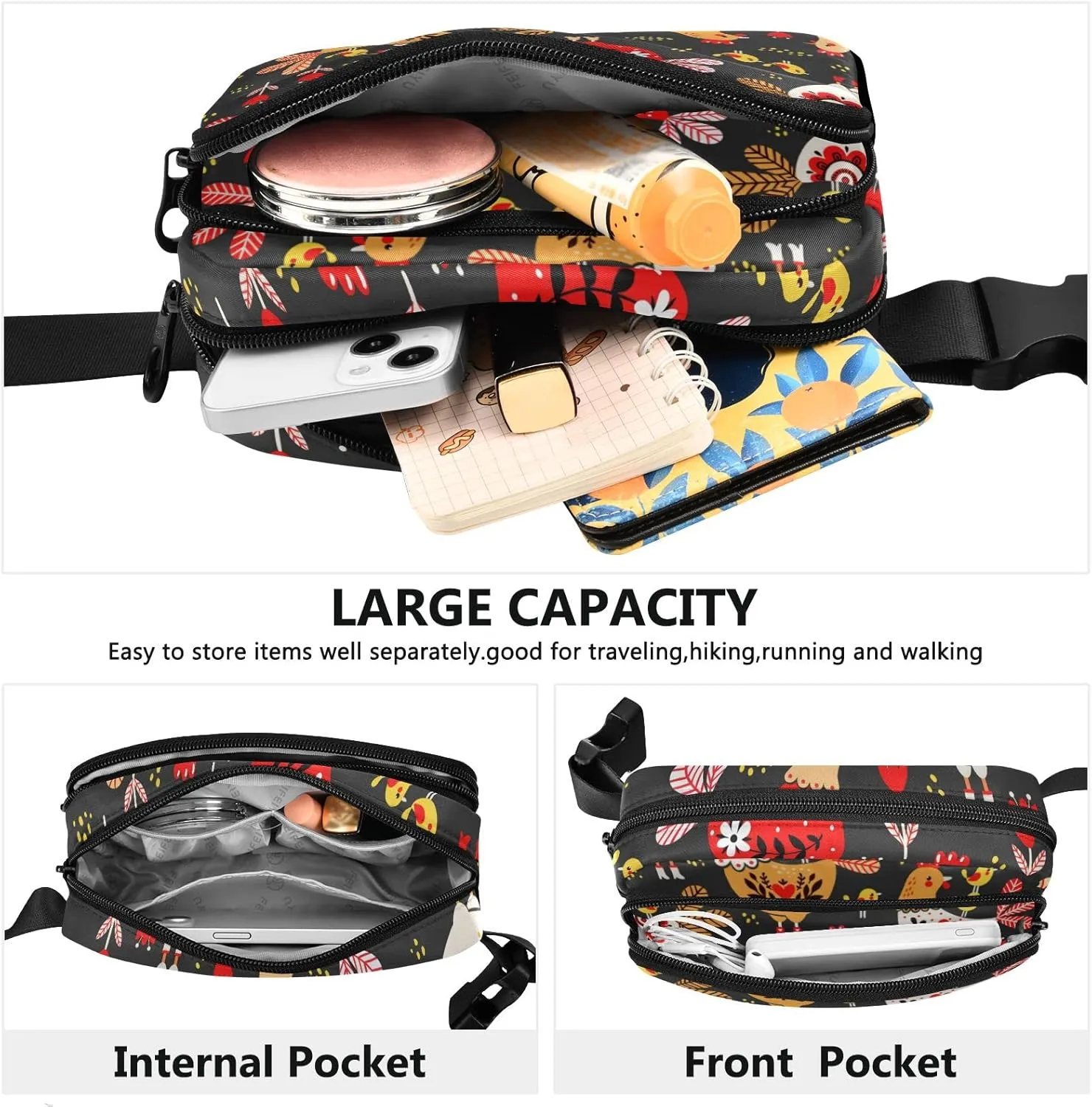 Rooster Chickens Animal Fanny Packs for Women Men Belt Bag with Adjustable Strap Fashion Waist Packs Crossbody Bag Waist Pouch for Hiking Running