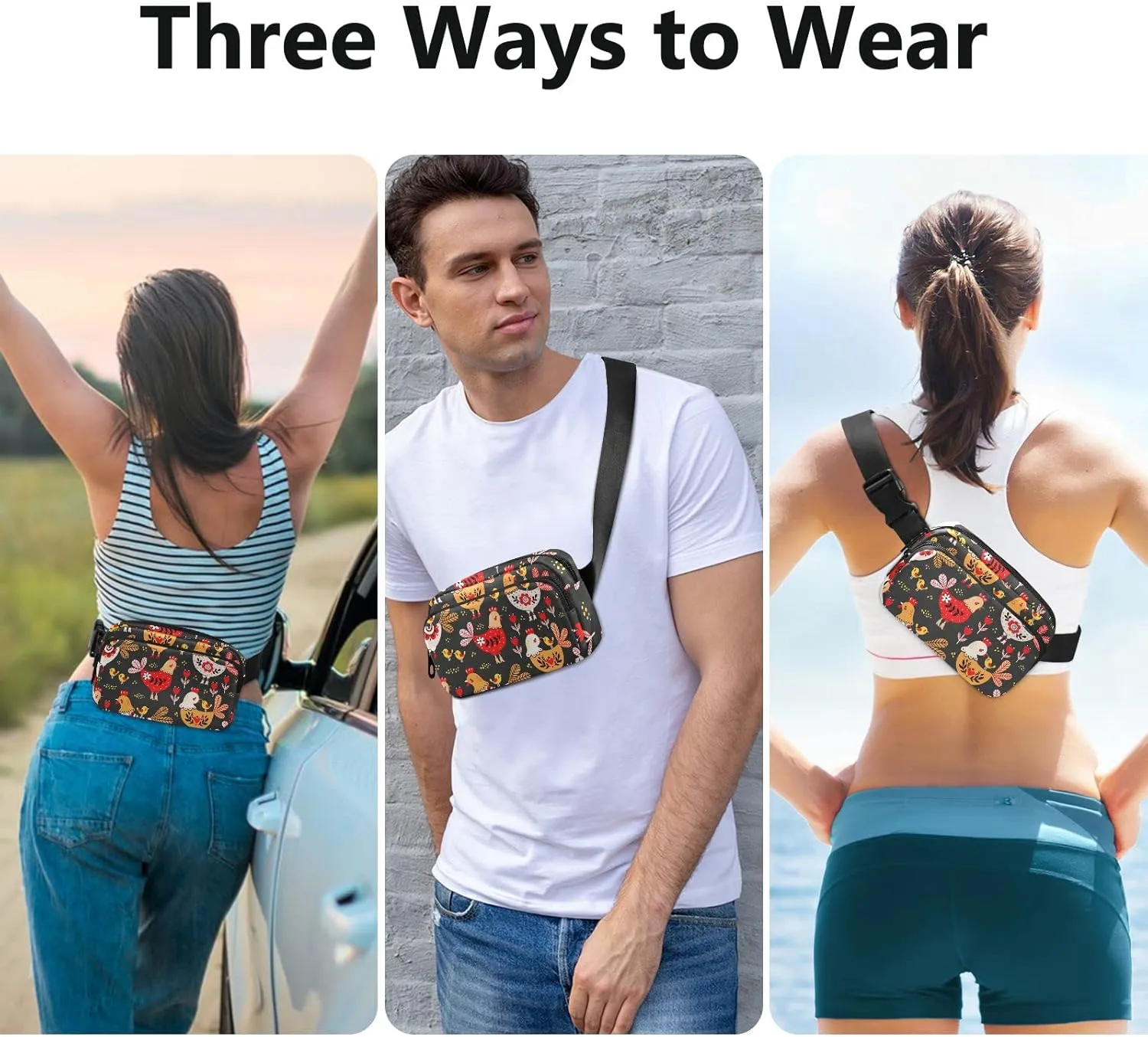 Rooster Chickens Animal Fanny Packs for Women Men Belt Bag with Adjustable Strap Fashion Waist Packs Crossbody Bag Waist Pouch for Hiking Running