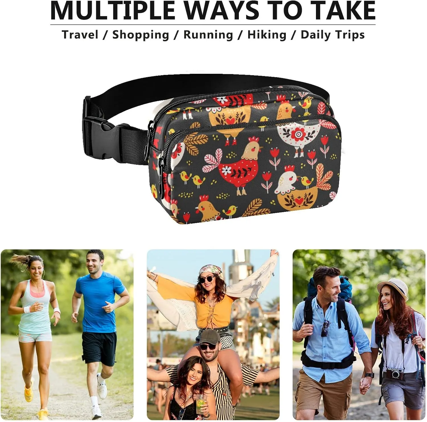 Rooster Chickens Animal Fanny Packs for Women Men Belt Bag with Adjustable Strap Fashion Waist Packs Crossbody Bag Waist Pouch for Hiking Running