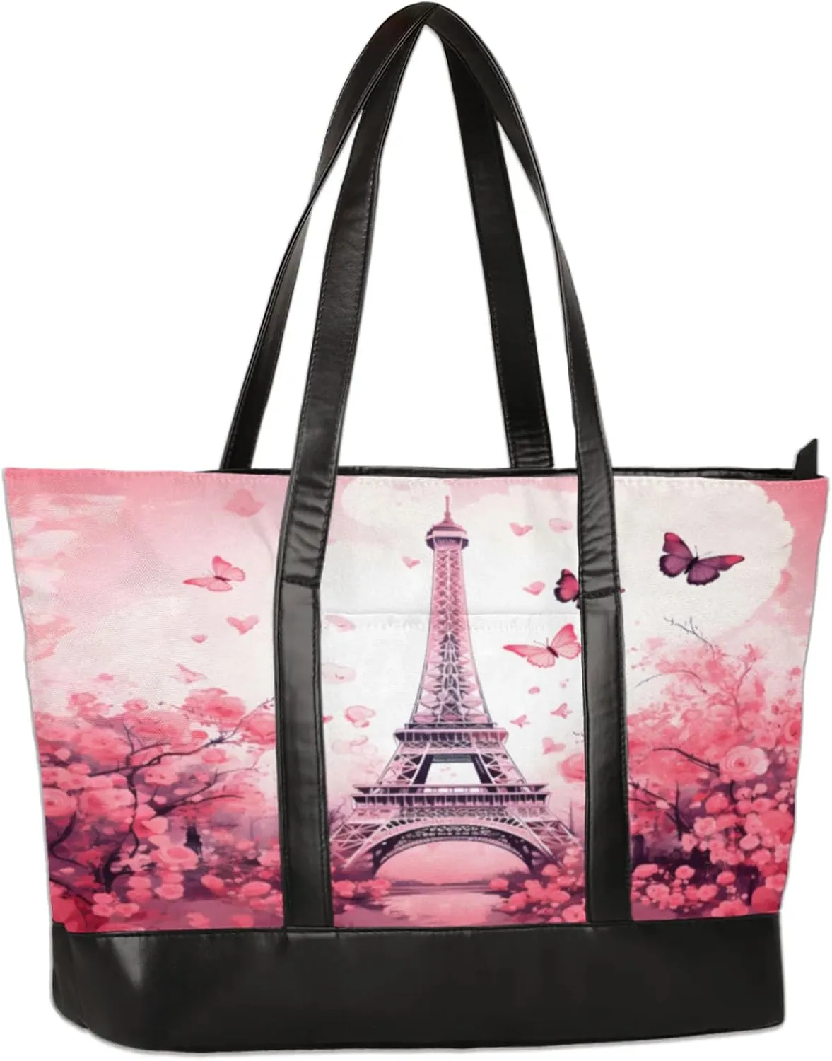 Rose Butterfly Lighthouse Hand Painted Laptop Tote Bag for Women Lightweight Work Purse with Multiple Compartments Fits 13-15.6 Inch Laptop Tablet Shoulder Bag for Office Travel Daily Use