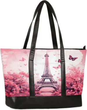 Rose Butterfly Lighthouse Hand Painted Laptop Tote Bag for Women Lightweight Work Purse with Multiple Compartments Fits 13-15.6 Inch Laptop Tablet Shoulder Bag for Office Travel Daily Use