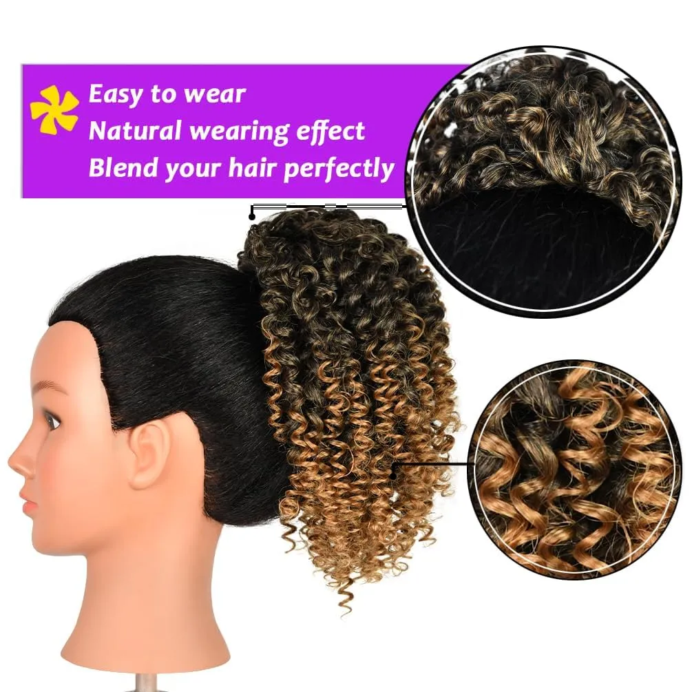 rosmile Short Kinky Curly Ponytail Extension for Black Women, 10 Inch Black Mix Brown Drawstring Curly Ponytail with Two Clips, Synthetic Afro Drawstring Ponytail for Black Women