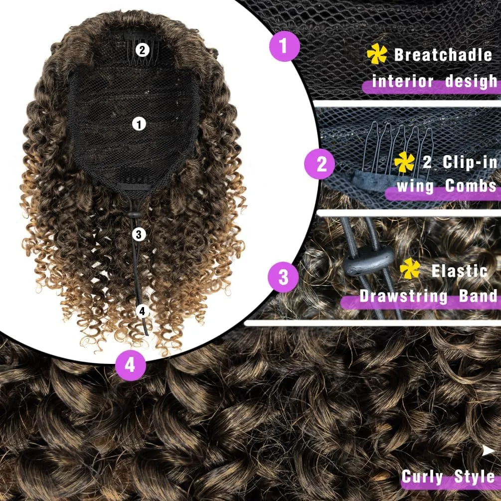rosmile Short Kinky Curly Ponytail Extension for Black Women, 10 Inch Black Mix Brown Drawstring Curly Ponytail with Two Clips, Synthetic Afro Drawstring Ponytail for Black Women