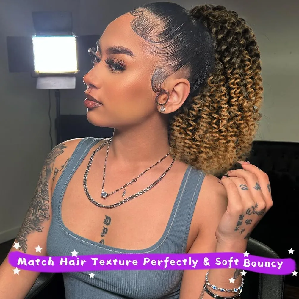 rosmile Short Kinky Curly Ponytail Extension for Black Women, 10 Inch Black Mix Brown Drawstring Curly Ponytail with Two Clips, Synthetic Afro Drawstring Ponytail for Black Women