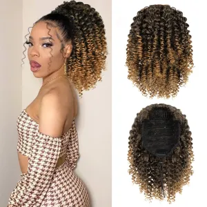 rosmile Short Kinky Curly Ponytail Extension for Black Women, 10 Inch Black Mix Brown Drawstring Curly Ponytail with Two Clips, Synthetic Afro Drawstring Ponytail for Black Women