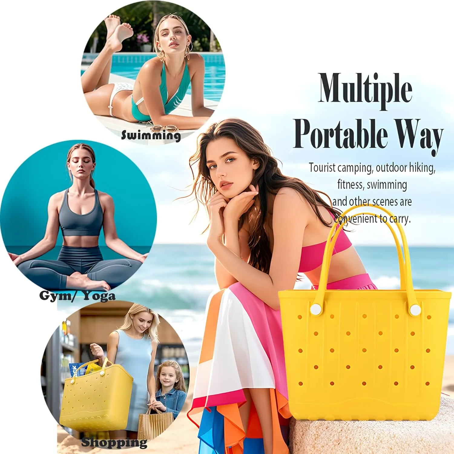 Rubber Beach Tote Bag, Large Waterproof Beach Bag for Pool Boat, Sports, Outdoor Washable Travel Tote Bag
