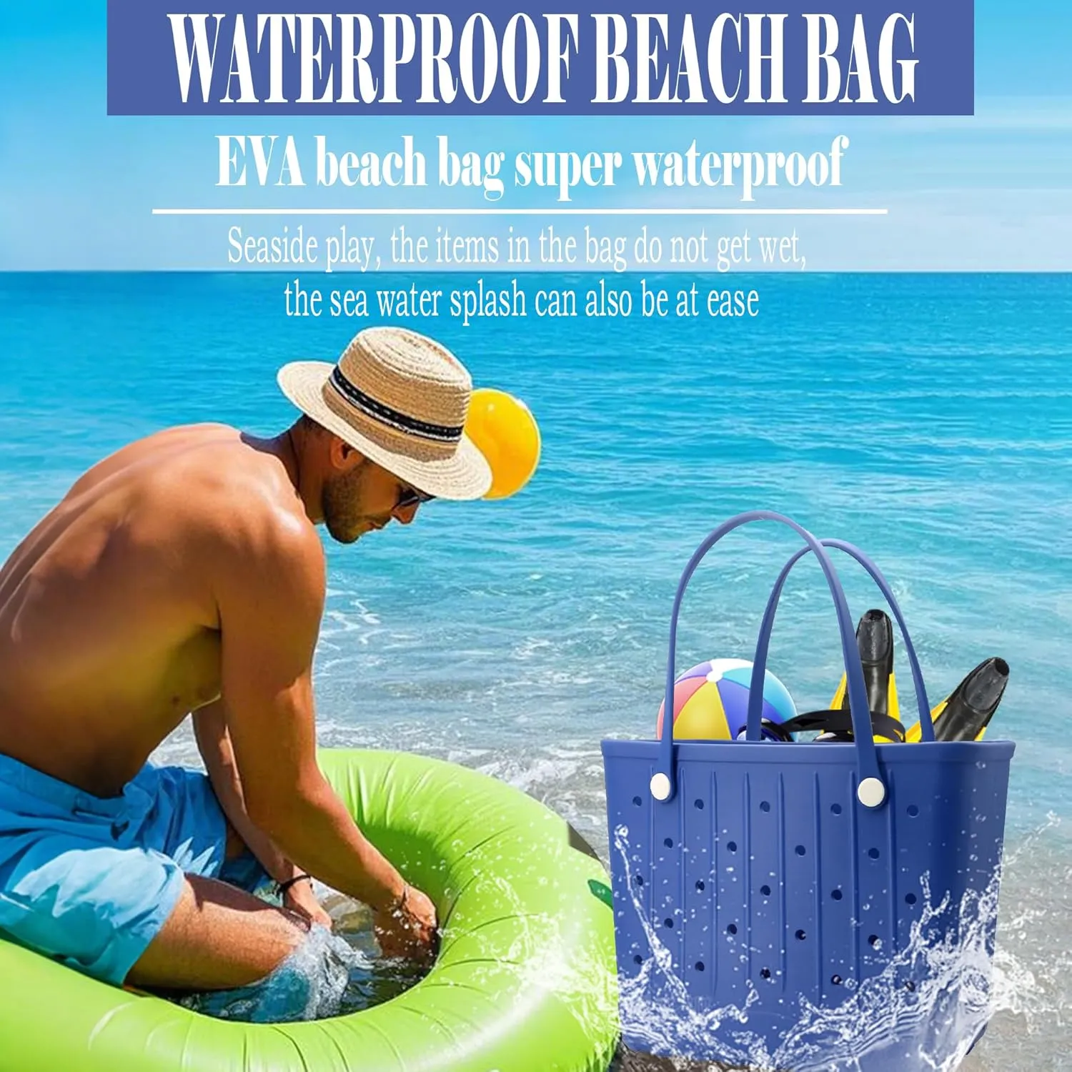 Rubber Beach Tote Bag, Large Waterproof Beach Bag for Pool Boat, Sports, Outdoor Washable Travel Tote Bag
