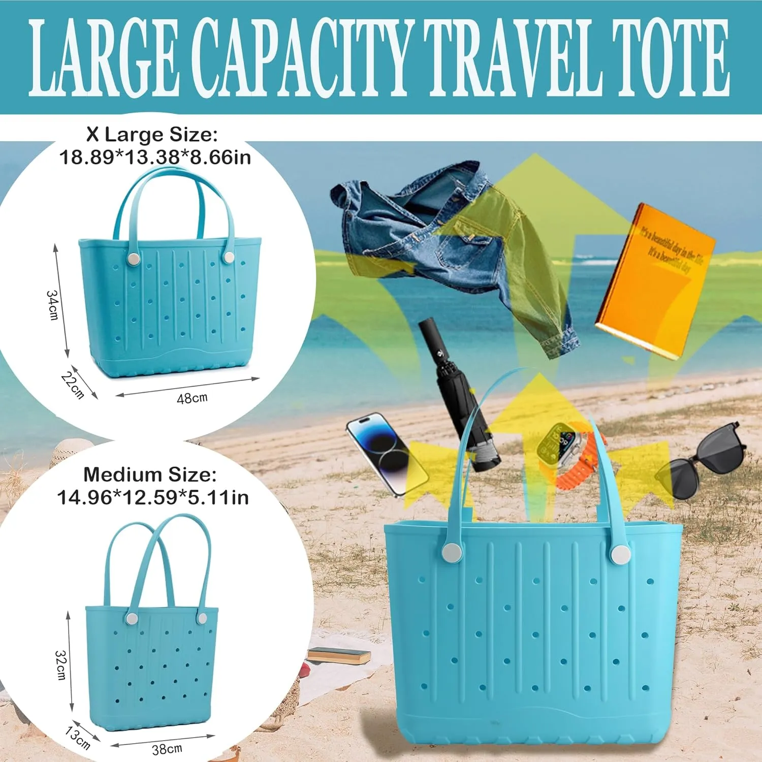 Rubber Beach Tote Bag, Large Waterproof Beach Bag for Pool Boat, Sports, Outdoor Washable Travel Tote Bag