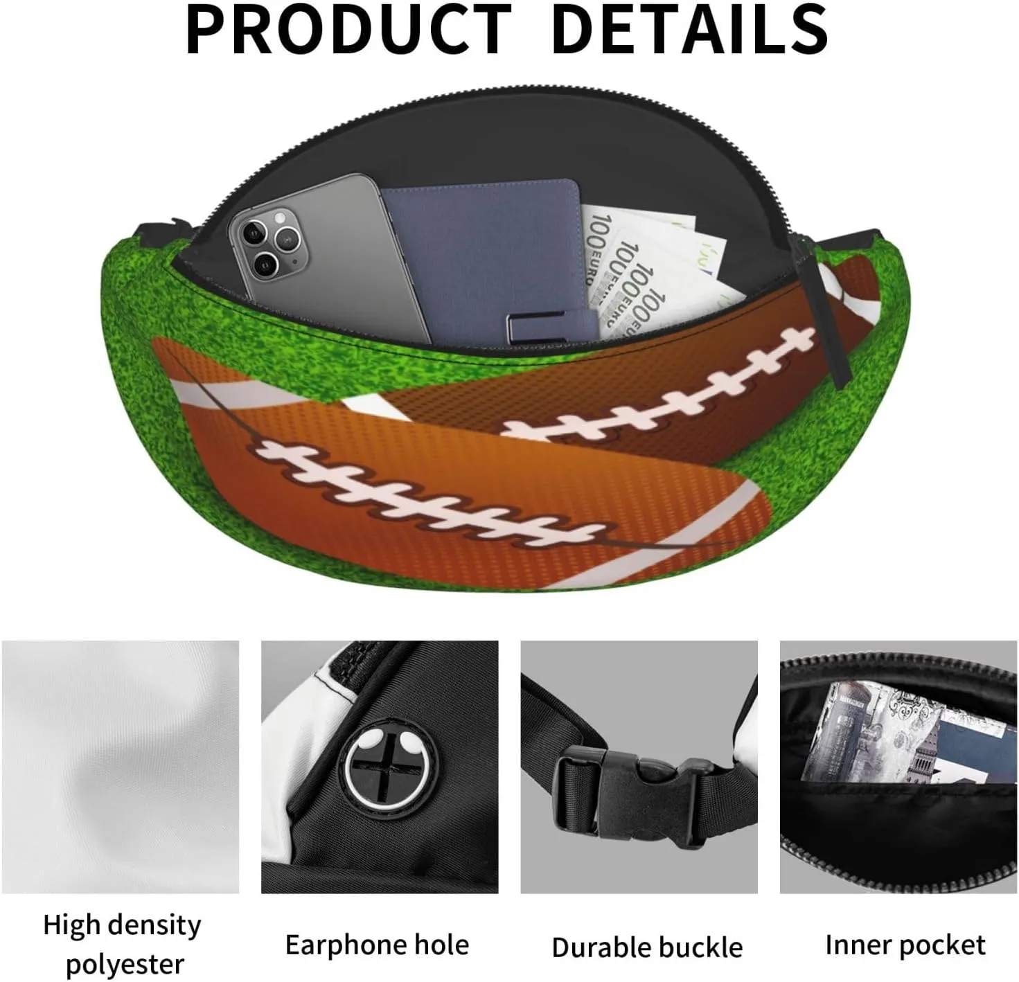 Rugby Ball Field Fanny Pack, Crossbody Waist Packs for Women Men Waist Bags with Adjustable Strap for Travel Running Hiking Sport