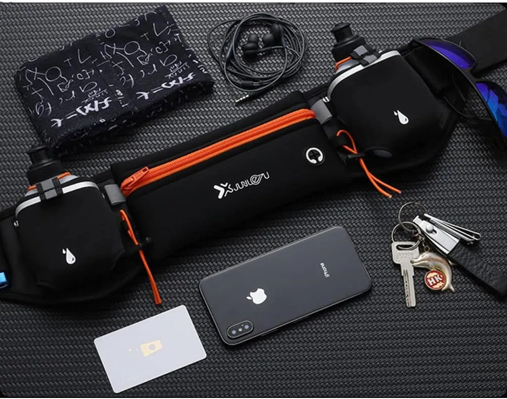 Running Belt with Water Bottles Sports Waist Pouch Hydration Belt Waterproof Waist Pack Bag for Running, Triathlon, Marathon