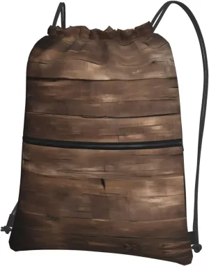 Rustic Old Barn Wood Print Drawstring Zipper Backpack – Gym Drawstring Bag for Sports, Yoga, Dance, Travel, and More