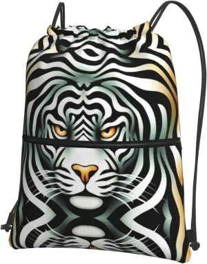 Sacred Tiger Water-Resistant Zipper Drawstring Backpack for Gym/Yoga/Travel - Lightweight Foldable 15.3x18 Sports Bag w/Multiple Pockets