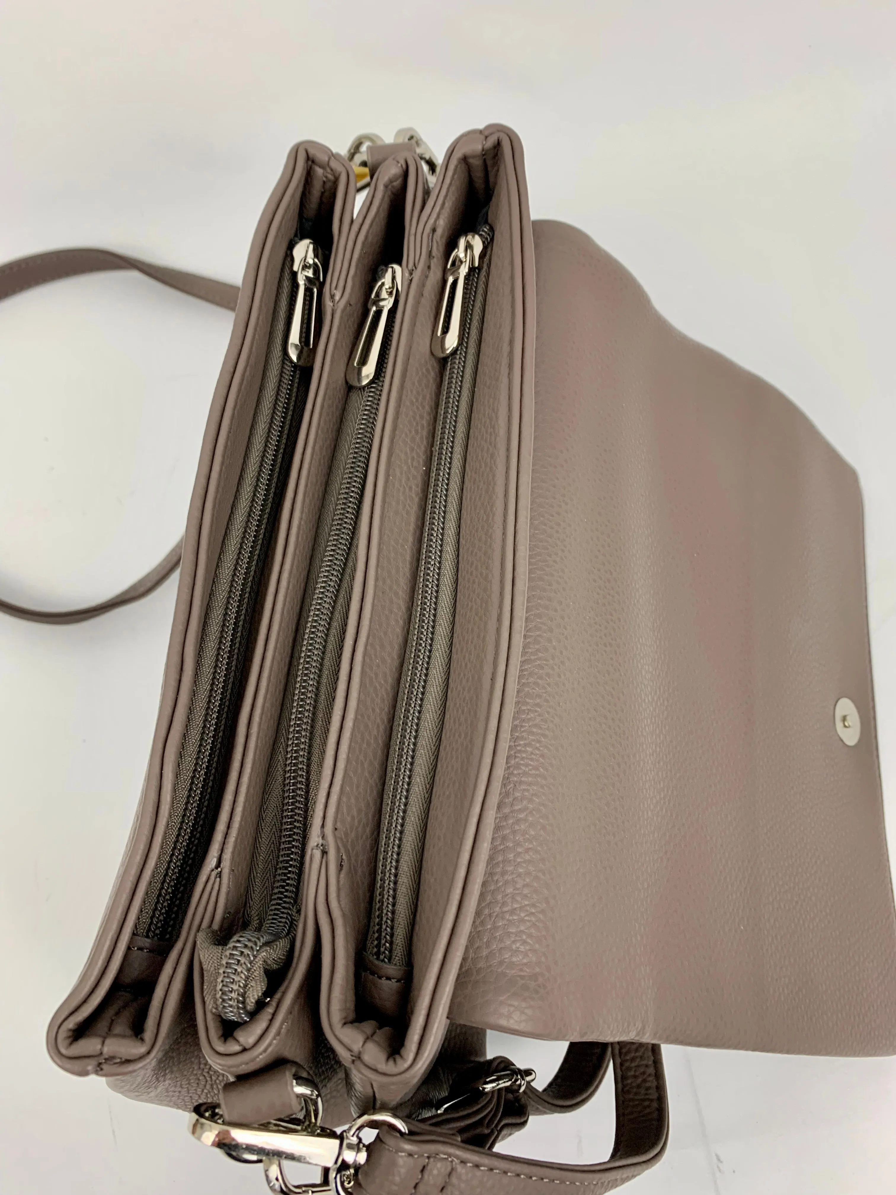 SAN REMO TAUPE - triple compartment faux leather crossbody/ shoulder handbag