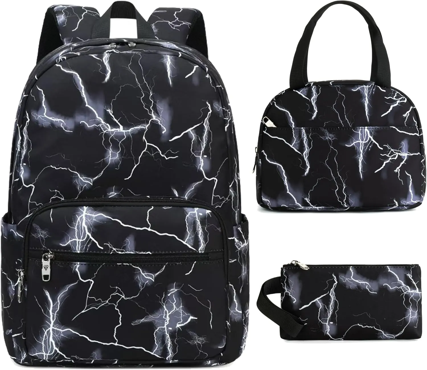 School Backpack Set For Girls Boys College Bookbag Laptop Backpacks 3PCS Kids Elementary Middle Schoolbag With Lunch Bag Casual Travel Daypack For Teens Students Women Men-Lightning Black