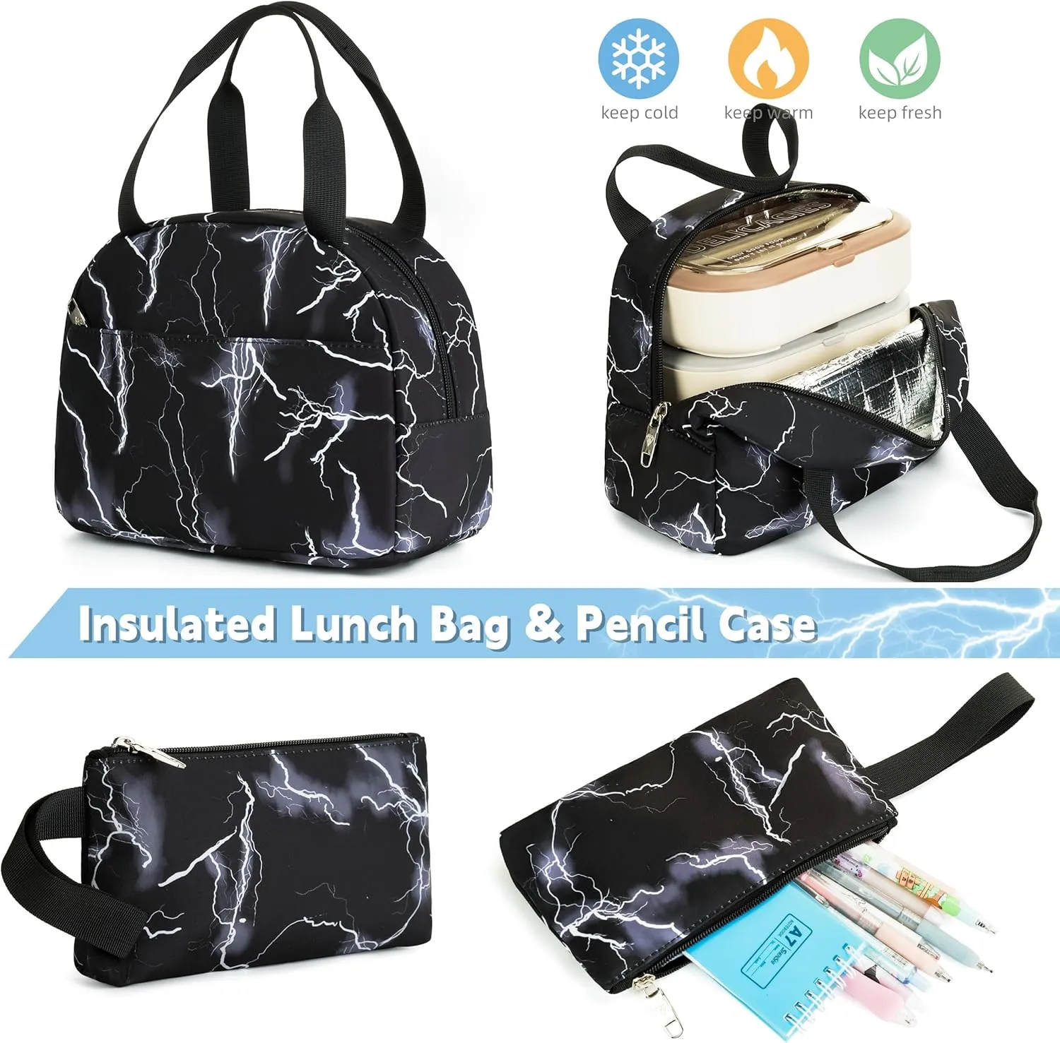 School Backpack Set For Girls Boys College Bookbag Laptop Backpacks 3PCS Kids Elementary Middle Schoolbag With Lunch Bag Casual Travel Daypack For Teens Students Women Men-Lightning Black