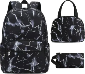 School Backpack Set For Girls Boys College Bookbag Laptop Backpacks 3PCS Kids Elementary Middle Schoolbag With Lunch Bag Casual Travel Daypack For Teens Students Women Men-Lightning Black