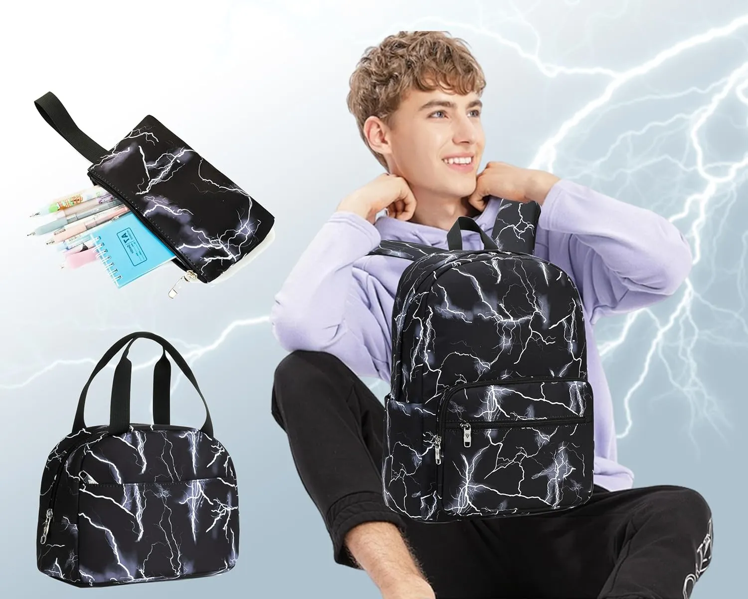 School Backpack Set For Girls Boys College Bookbag Laptop Backpacks 3PCS Kids Elementary Middle Schoolbag With Lunch Bag Casual Travel Daypack For Teens Students Women Men-Lightning Black