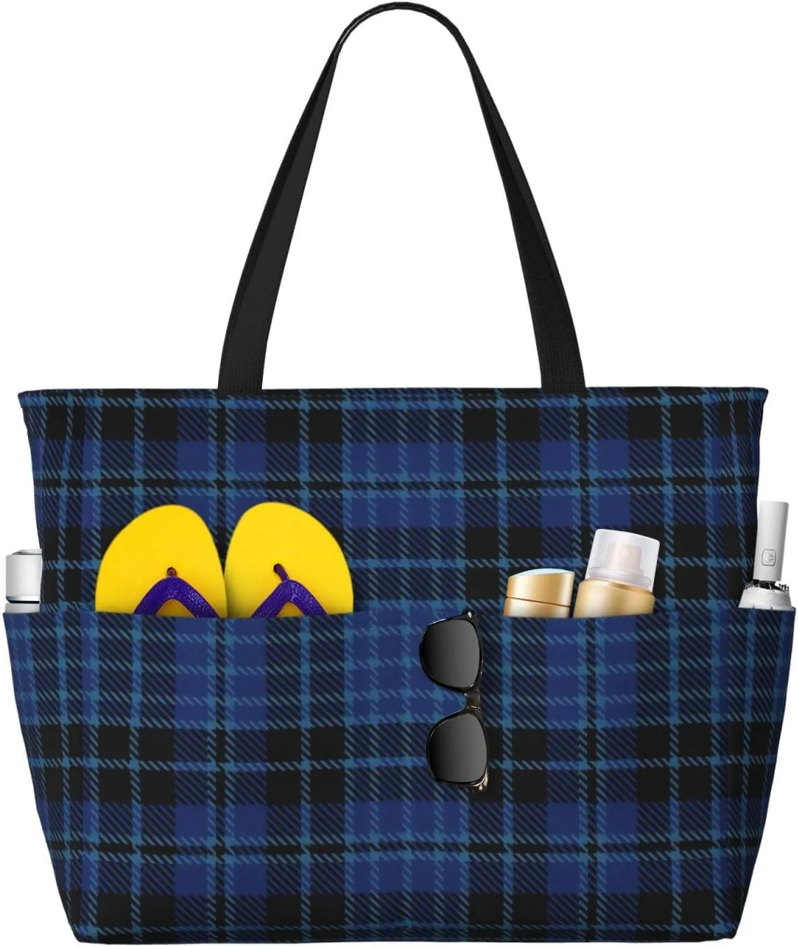 Scottish Clergy Blue Black White Tartan Beach Bag Women Tote Bag Pool Bag With Zipper For Gym Grocery Travel With Wet Pocket