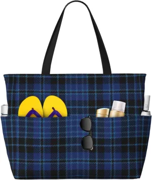 Scottish Clergy Blue Black White Tartan Beach Bag Women Tote Bag Pool Bag With Zipper For Gym Grocery Travel With Wet Pocket