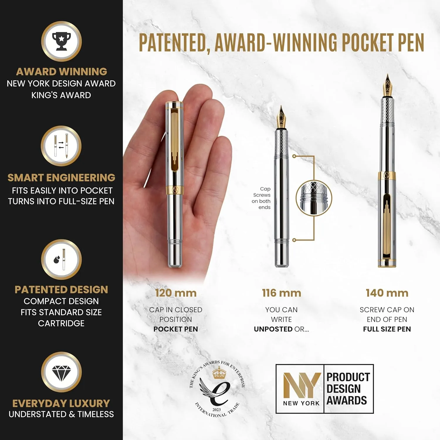 Scriveiner Silver Chrome Fountain Pen (Fine), Award Winning Luxury Pen, Heavy Pocket Pen with 24K Gold Finish, Schmidt Nib, Converter, Best EDC Writing Pen Gift Set for Men & Women, Nice Fancy Pen