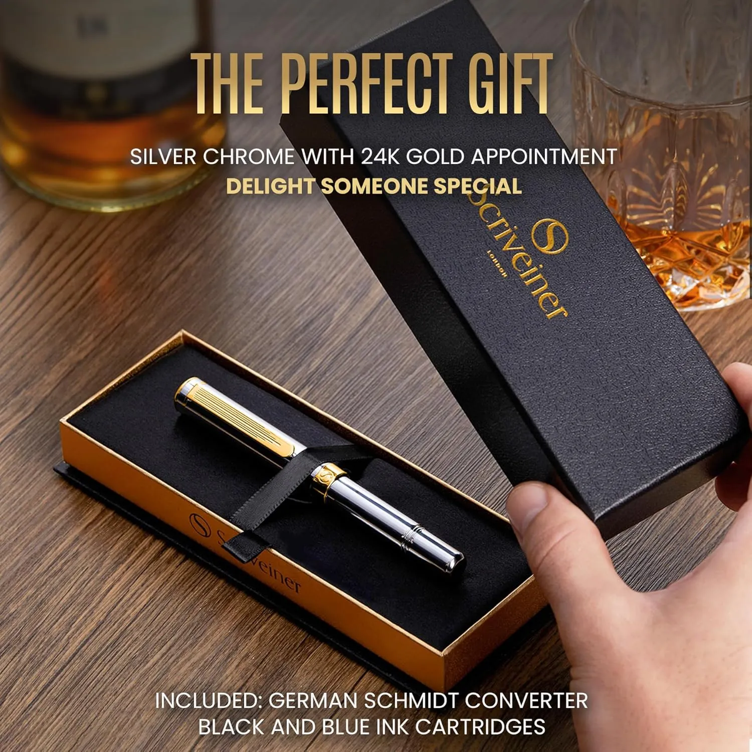 Scriveiner Silver Chrome Fountain Pen (Fine), Award Winning Luxury Pen, Heavy Pocket Pen with 24K Gold Finish, Schmidt Nib, Converter, Best EDC Writing Pen Gift Set for Men & Women, Nice Fancy Pen