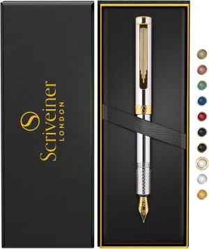 Scriveiner Silver Chrome Fountain Pen (Fine), Award Winning Luxury Pen, Heavy Pocket Pen with 24K Gold Finish, Schmidt Nib, Converter, Best EDC Writing Pen Gift Set for Men & Women, Nice Fancy Pen