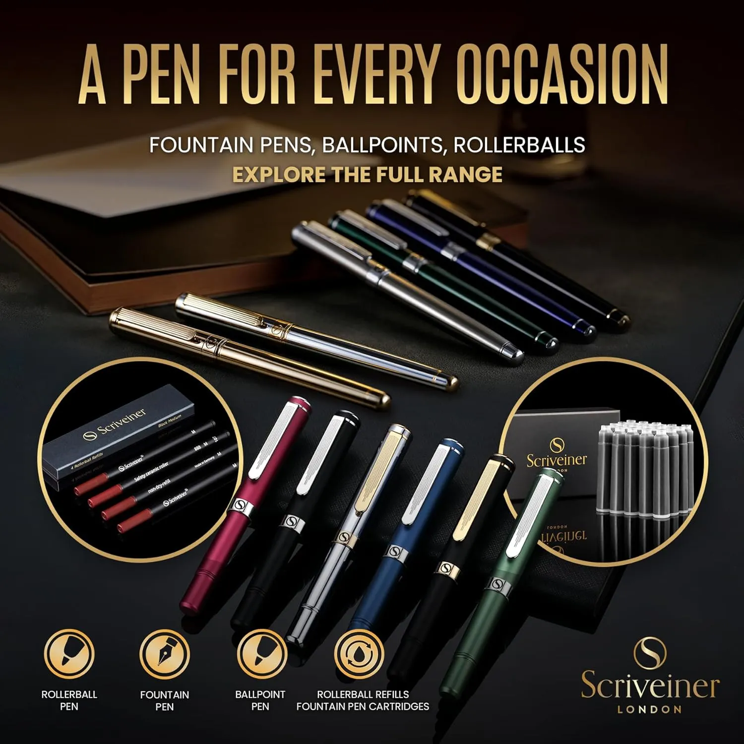 Scriveiner Silver Chrome Fountain Pen (Fine), Award Winning Luxury Pen, Heavy Pocket Pen with 24K Gold Finish, Schmidt Nib, Converter, Best EDC Writing Pen Gift Set for Men & Women, Nice Fancy Pen