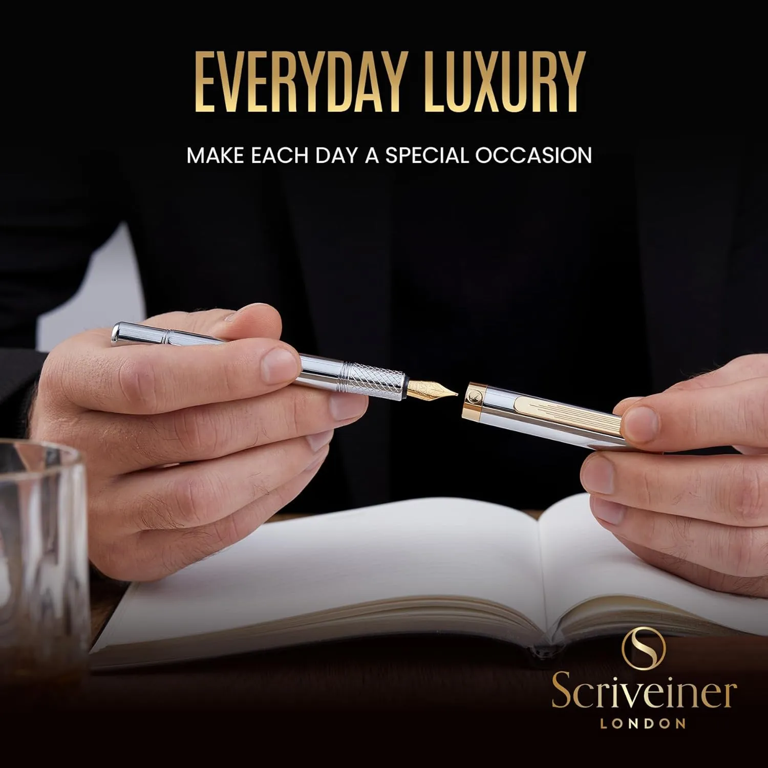 Scriveiner Silver Chrome Fountain Pen (Fine), Award Winning Luxury Pen, Heavy Pocket Pen with 24K Gold Finish, Schmidt Nib, Converter, Best EDC Writing Pen Gift Set for Men & Women, Nice Fancy Pen