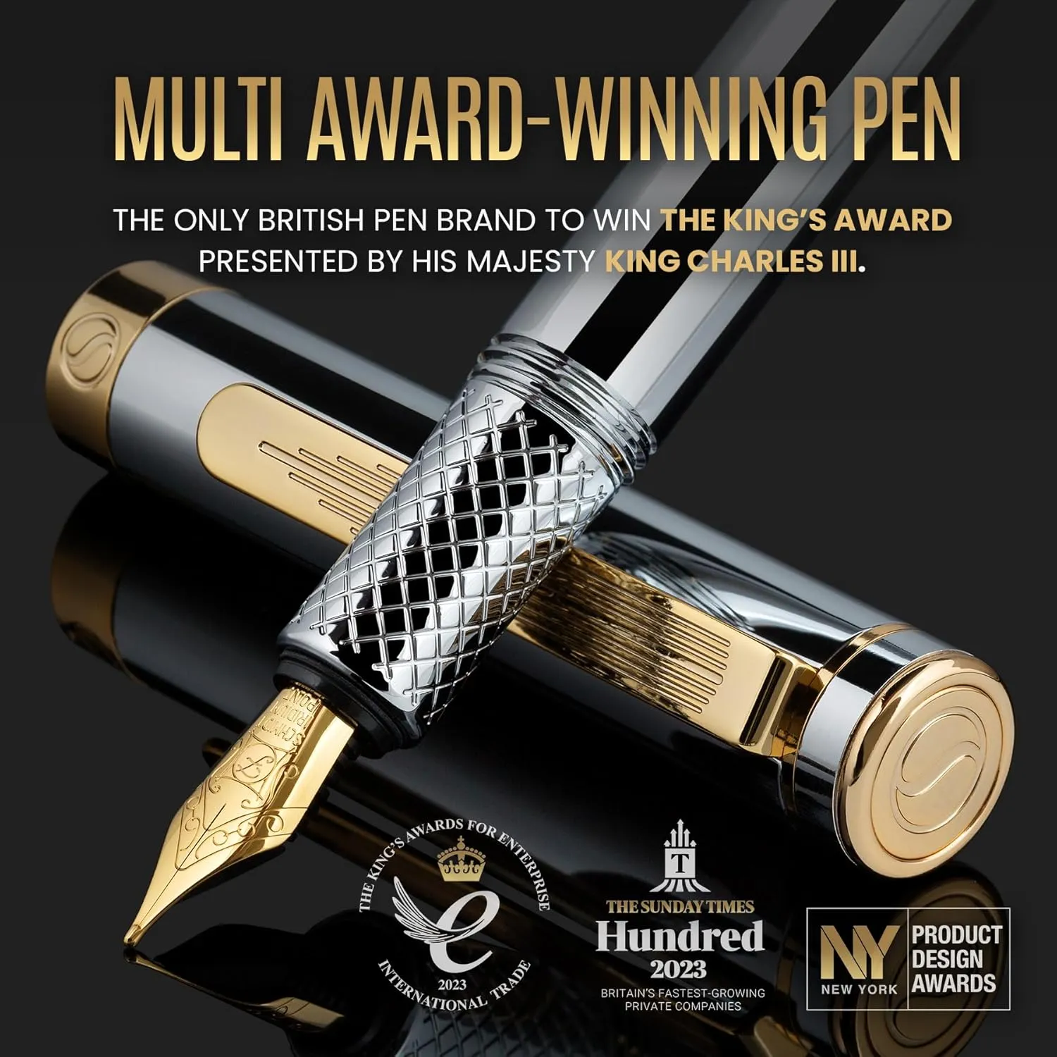 Scriveiner Silver Chrome Fountain Pen (Fine), Award Winning Luxury Pen, Heavy Pocket Pen with 24K Gold Finish, Schmidt Nib, Converter, Best EDC Writing Pen Gift Set for Men & Women, Nice Fancy Pen