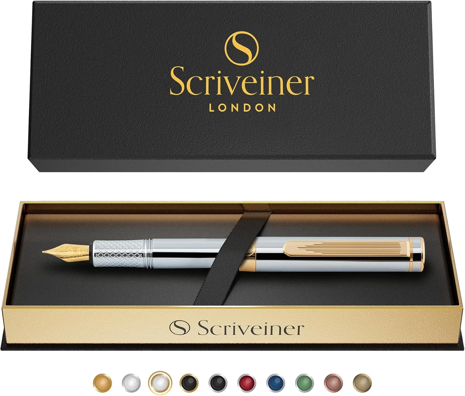 Scriveiner Silver Chrome Fountain Pen (Fine), Award Winning Luxury Pen, Heavy Pocket Pen with 24K Gold Finish, Schmidt Nib, Converter, Best EDC Writing Pen Gift Set for Men & Women, Nice Fancy Pen