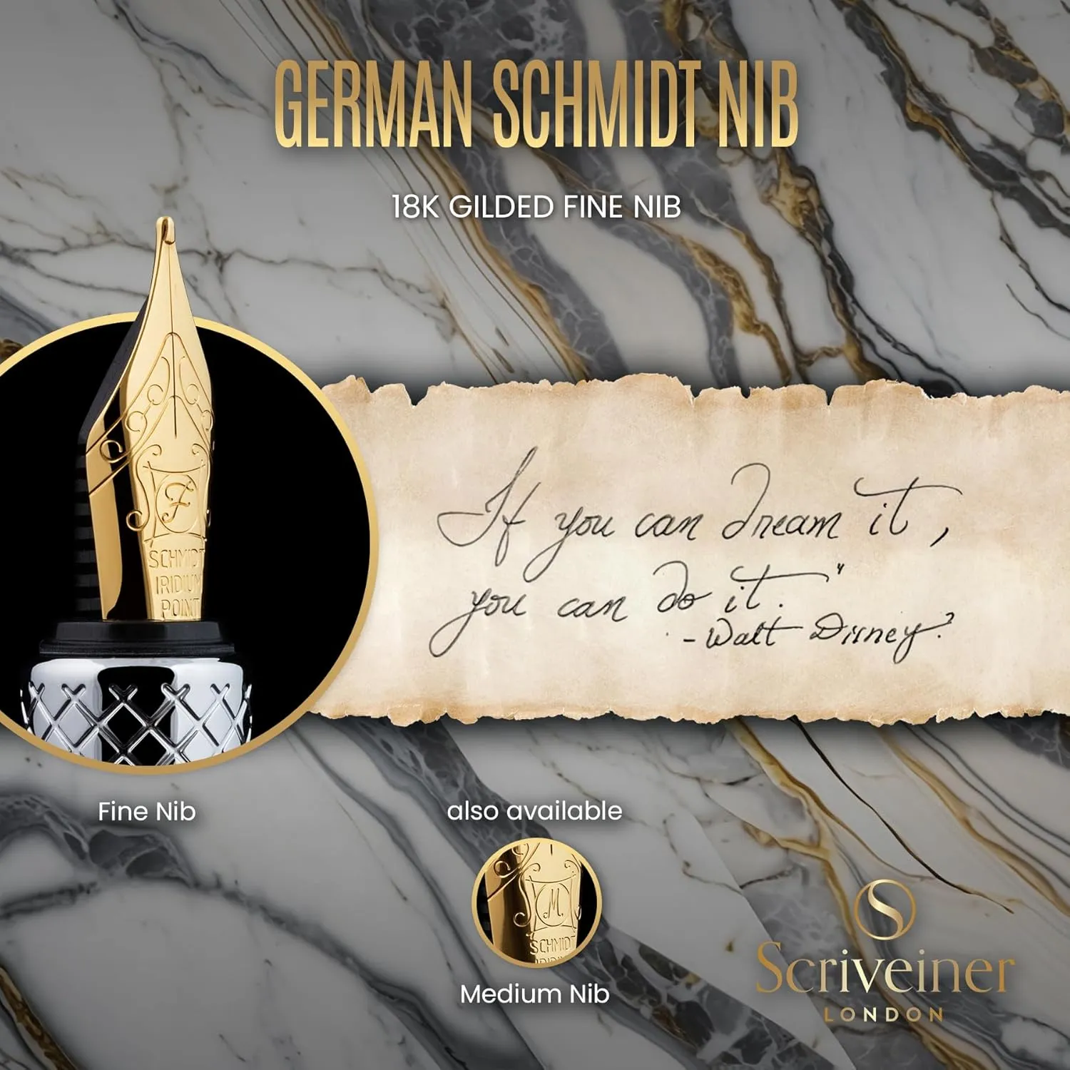 Scriveiner Silver Chrome Fountain Pen (Fine), Award Winning Luxury Pen, Heavy Pocket Pen with 24K Gold Finish, Schmidt Nib, Converter, Best EDC Writing Pen Gift Set for Men & Women, Nice Fancy Pen