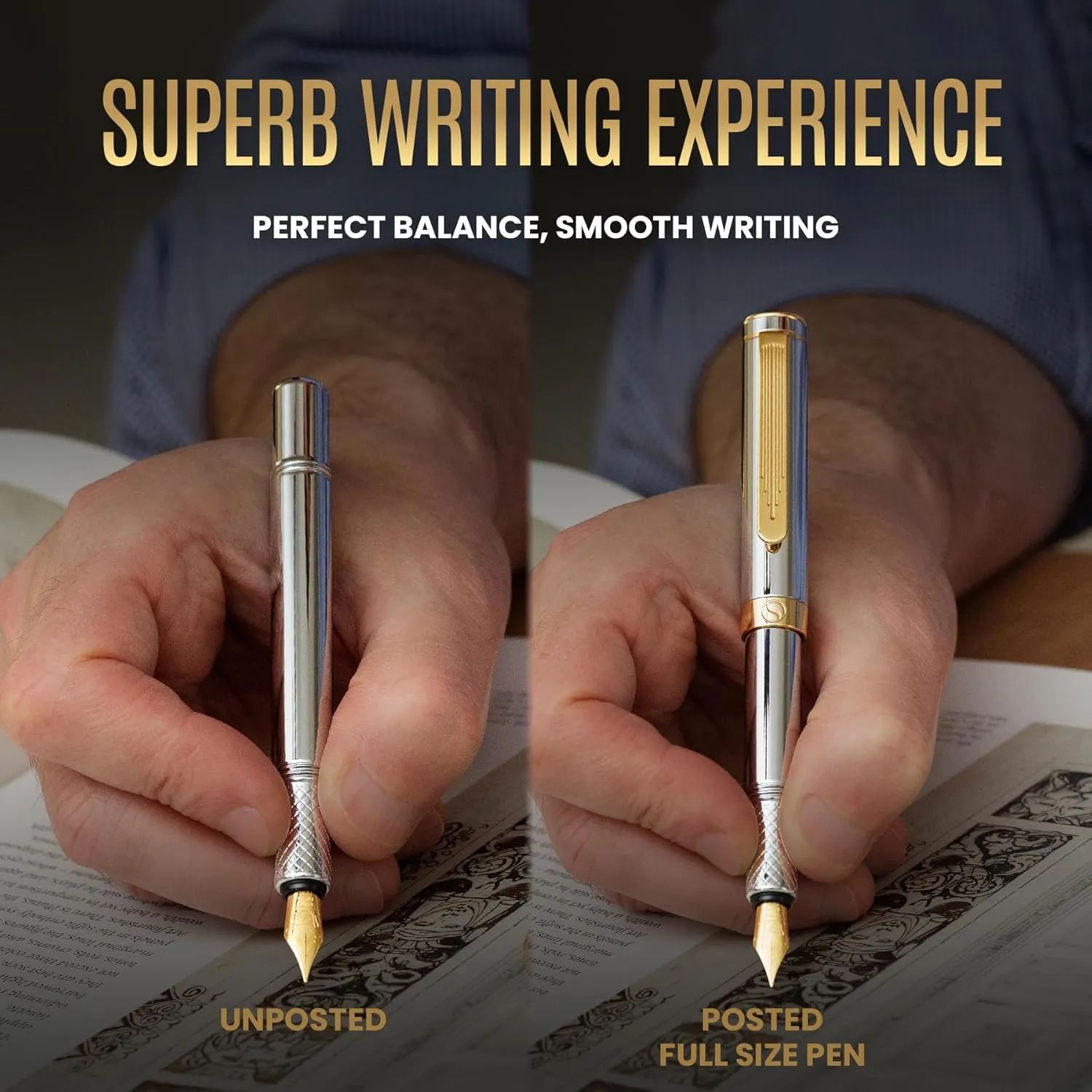 Scriveiner Silver Chrome Fountain Pen (Fine), Award Winning Luxury Pen, Heavy Pocket Pen with 24K Gold Finish, Schmidt Nib, Converter, Best EDC Writing Pen Gift Set for Men & Women, Nice Fancy Pen