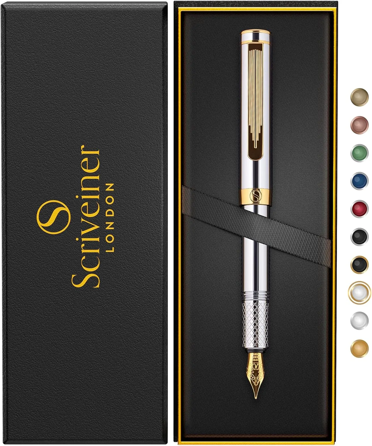 Scriveiner Silver Chrome Fountain Pen (Fine), Award Winning Luxury Pen, Heavy Pocket Pen with 24K Gold Finish, Schmidt Nib, Converter, Best EDC Writing Pen Gift Set for Men & Women, Nice Fancy Pen