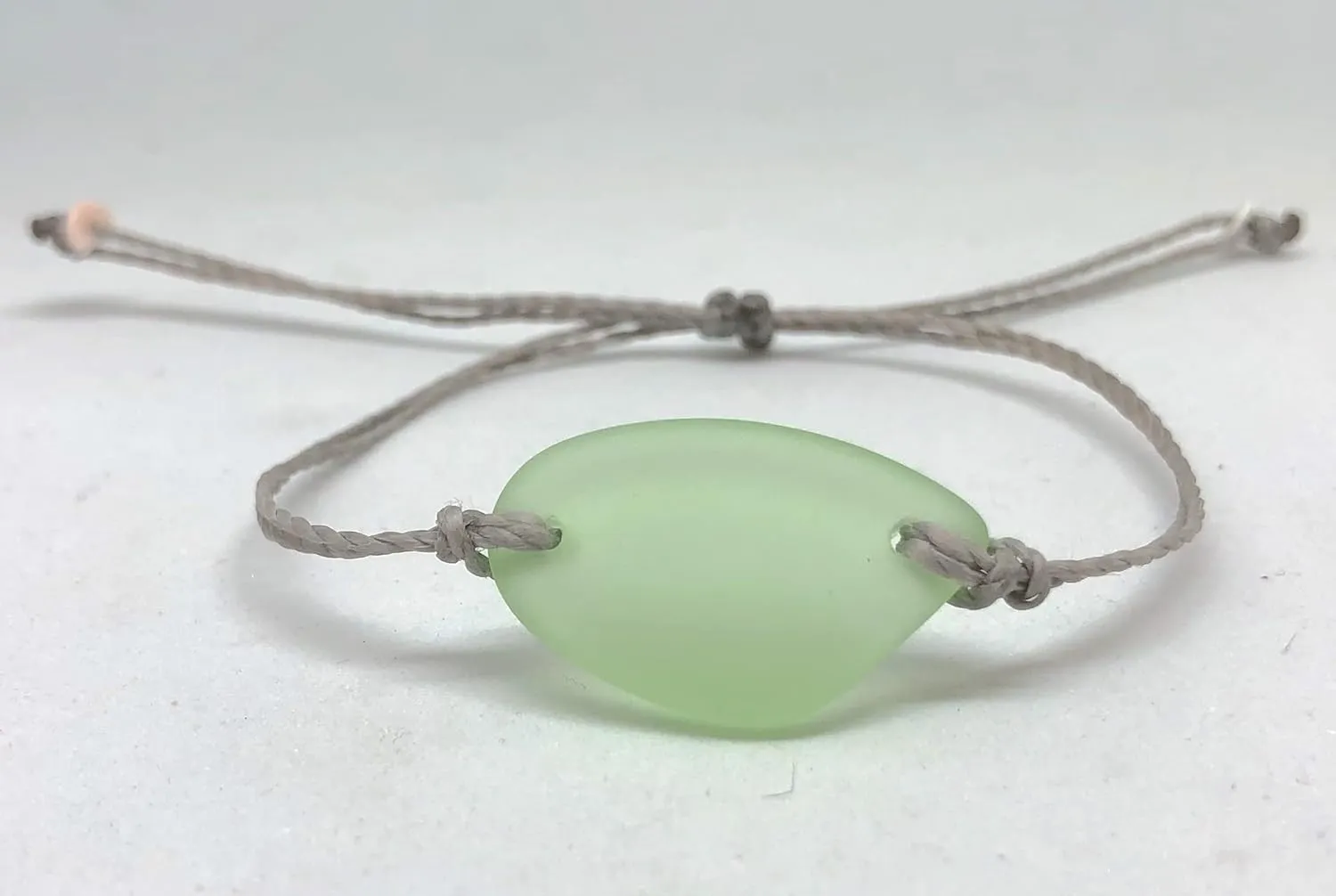 Sea Foam Sea Glass Adjustable Bracelet-Made From Recycled Glass-Light Blue Free Form Sea Glass Piece with Waterproof Gray Thread-Unique Gift (Light Green)