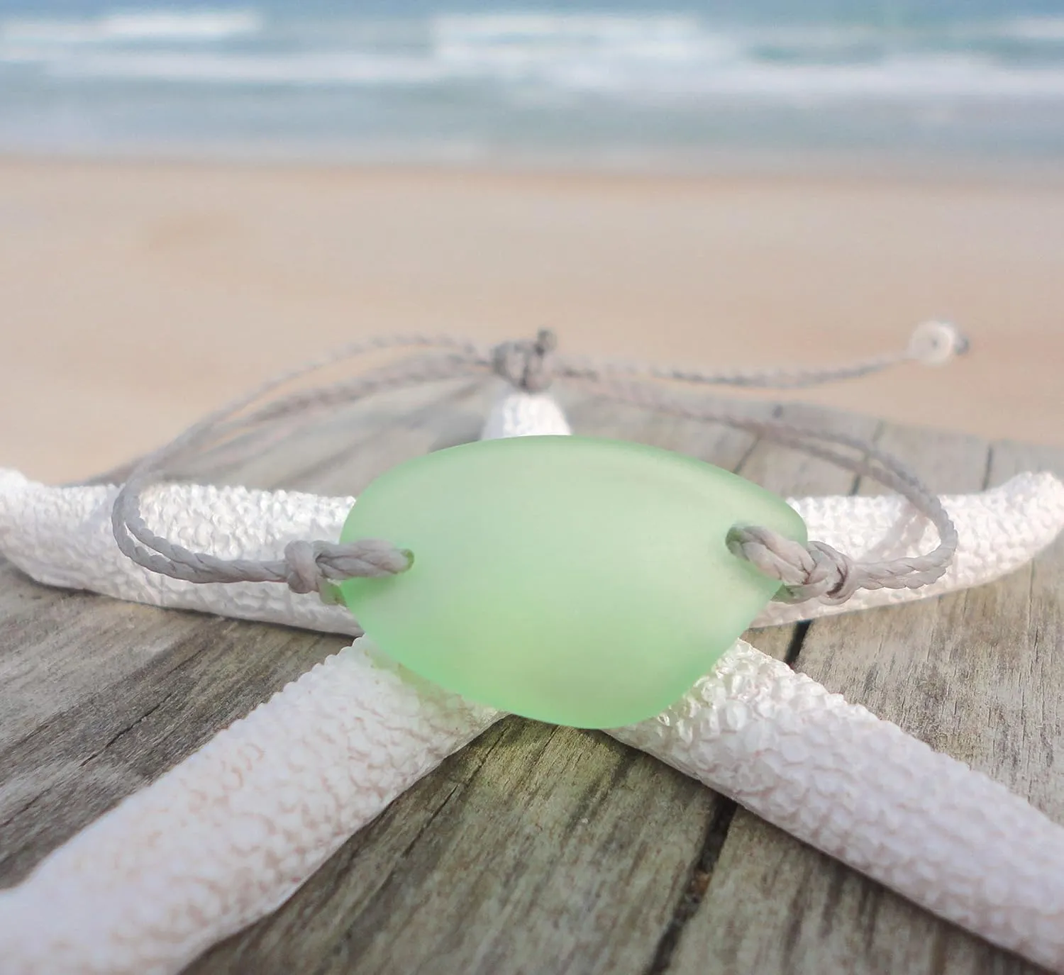 Sea Foam Sea Glass Adjustable Bracelet-Made From Recycled Glass-Light Blue Free Form Sea Glass Piece with Waterproof Gray Thread-Unique Gift (Light Green)