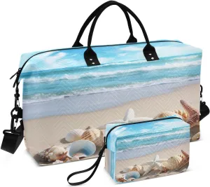 Sea Shells Sandy Beach Sports Gym Bag for Women Men Travel Duffel Bag Weekend Overnight Carry on Bag with Toiletry Bag Air Travel Bag for Plane Hospital Workout Swimming Yoga