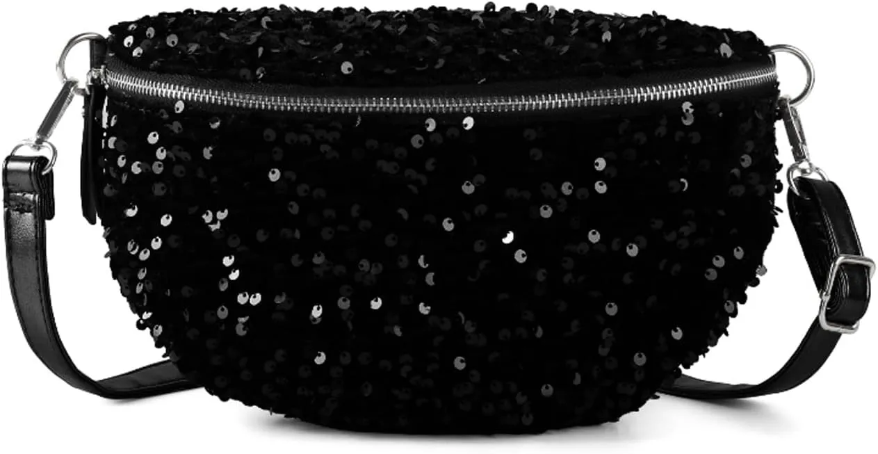 Sequins Glitter Waist Bag Fanny Pack for Women Girls Crossbody Belt Bag Chest Bag Phone Pouch for Travel Running Workout